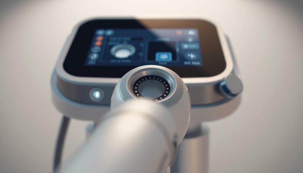 A close-up view of the derBeaute BTL Exion device, showcasing its innovative dual-energy technology. The sleek, professional-grade device is meticulously detailed, with a smooth, metallic chassis and intuitive controls. Soft, directional lighting illuminates the device, creating a clinical yet welcoming atmosphere. The foreground focuses on the treatment head, its rounded shape and precision-engineered components hinting at the advanced skin care capabilities within. The middle ground subtly blurs, drawing the eye to the device's core functionality. The background is a clean, minimalist space, allowing the BTL Exion to be the central focus, emphasizing its cutting-edge, medical-grade aesthetic. A close-up view of the derBeaute BTL Exion device, showcasing its innovative dual-energy technology. The sleek, professional-grade device is meticulously detailed, with a smooth, metallic chassis and intuitive controls. Soft, directional lighting illuminates the device, creating a clinical yet welcoming atmosphere. The foreground focuses on the treatment head, its rounded shape and precision-engineered components hinting at the advanced skin care capabilities within. The middle ground subtly blurs, drawing the eye to the device's core functionality. The background is a clean, minimalist space, allowing the BTL Exion to be the central focus, emphasizing its cutting-edge, medical-grade aesthetic.