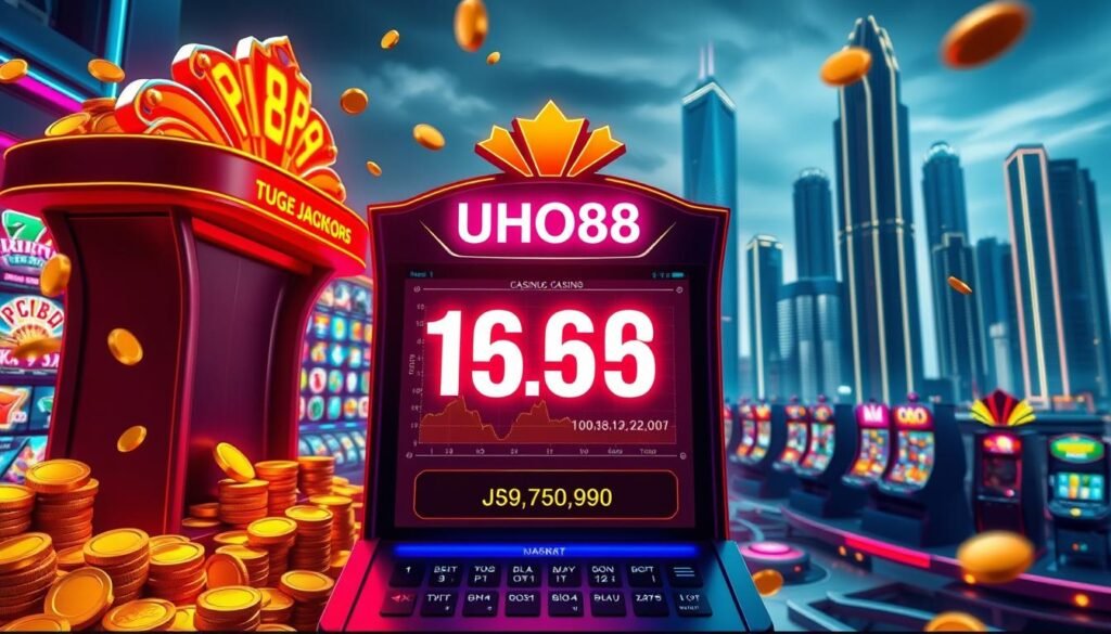 A detailed scene showcasing the "UHO88" cumulative jackpot trigger mechanism. In the foreground, a stylized gaming console displays the steadily increasing jackpot amount, surrounded by shimmering golden coins and financial graphs. In the middle ground, vibrant neon-lit game icons depict a variety of casino games, hinting at the diverse gameplay options. The background features a sleek, futuristic cityscape with towering skyscrapers, reflecting the high-tech and luxurious atmosphere of the "UHO88" gaming platform. Dramatic lighting and cinematic camera angles create a sense of excitement and anticipation, inviting the viewer to experience the thrill of the accumulating jackpot. A detailed scene showcasing the "UHO88" cumulative jackpot trigger mechanism. In the foreground, a stylized gaming console displays the steadily increasing jackpot amount, surrounded by shimmering golden coins and financial graphs. In the middle ground, vibrant neon-lit game icons depict a variety of casino games, hinting at the diverse gameplay options. The background features a sleek, futuristic cityscape with towering skyscrapers, reflecting the high-tech and luxurious atmosphere of the "UHO88" gaming platform. Dramatic lighting and cinematic camera angles create a sense of excitement and anticipation, inviting the viewer to experience the thrill of the accumulating jackpot.