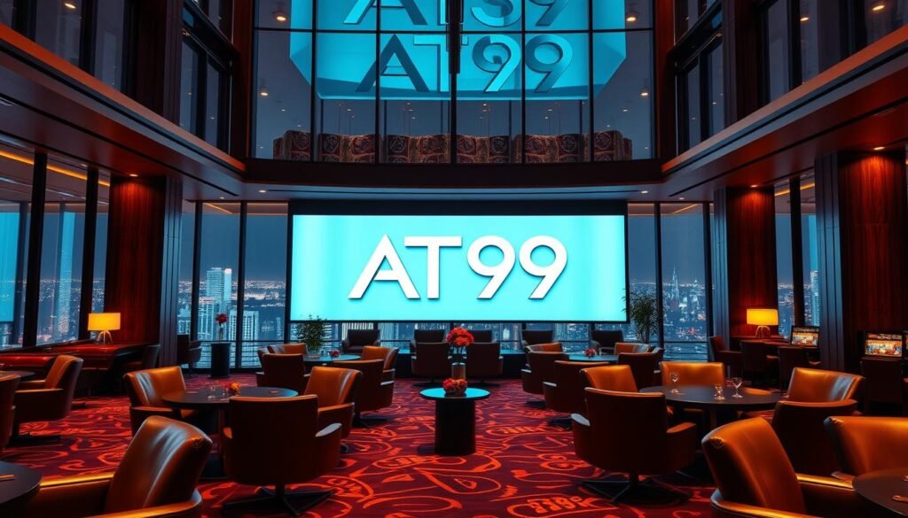 A serene, ultramodern casino interior with floor-to-ceiling windows overlooking a glittering cityscape. Luxurious leather chairs and dark wood furnishings create an atmosphere of sophistication. The focal point is a large, backlit display showcasing the "AT99" brand name in sleek, minimalist typography. Warm, ambient lighting casts a soft glow, complemented by discreet accent lighting that highlights key details. The overall mood is one of elegance, exclusivity, and a sense of rewarding experiences to come. A serene, ultramodern casino interior with floor-to-ceiling windows overlooking a glittering cityscape. Luxurious leather chairs and dark wood furnishings create an atmosphere of sophistication. The focal point is a large, backlit display showcasing the "AT99" brand name in sleek, minimalist typography. Warm, ambient lighting casts a soft glow, complemented by discreet accent lighting that highlights key details. The overall mood is one of elegance, exclusivity, and a sense of rewarding experiences to come.
