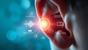 A close-up view of a human ear with a glowing, translucent overlay depicting various medical diagnostics and treatment options for tinnitus. The foreground features a serene, calming color palette with soft lighting, subtly highlighting the ear's intricate anatomy. In the middle ground, a stylized visualization showcases different therapeutic modalities like sound therapy, medication, and surgical interventions. The background subtly blends into a soothing, abstract medical setting, conveying the professionalism and expertise required to address the complexities of tinnitus management and associated healthcare costs.