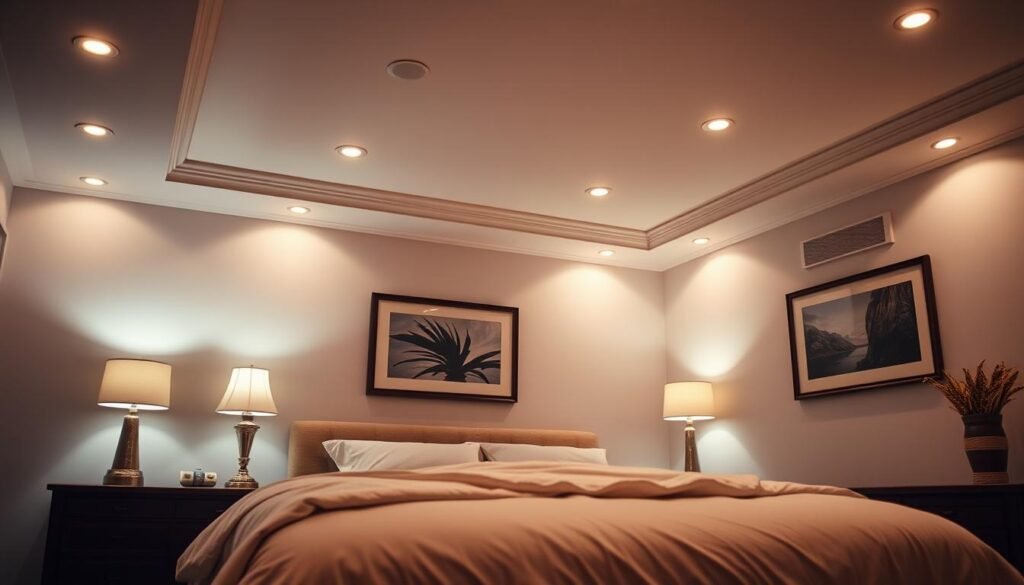 A cozy and tranquil bedroom interior with warm and soothing Aloha lighting fixtures. Soft lighting from a bedside lamp casts a gentle glow, complemented by recessed ceiling lights that create a harmonious ambiance. The space features a plush king-size bed with luxurious linens, nightstands, and a tasteful piece of wall art. The overall atmosphere is designed to promote relaxation and a restful night's sleep. A cozy and tranquil bedroom interior with warm and soothing Aloha lighting fixtures. Soft lighting from a bedside lamp casts a gentle glow, complemented by recessed ceiling lights that create a harmonious ambiance. The space features a plush king-size bed with luxurious linens, nightstands, and a tasteful piece of wall art. The overall atmosphere is designed to promote relaxation and a restful night's sleep.