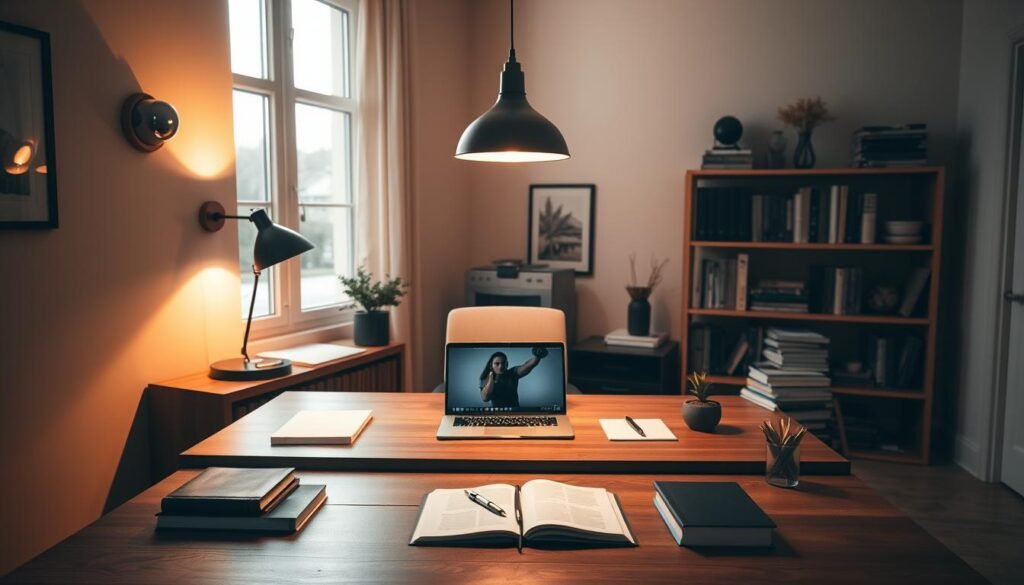 A cozy and well-designed study space with warm, task-focused lighting. A large wooden desk with a laptop, books, and stationery. Soft ambient lighting from a Aloha wall sconce illuminates the middle ground, while a central pendant fixture casts a focused glow on the work surface. Natural light filters in through a window, creating a balanced and productive atmosphere. The space exudes an air of professionalism and quiet contemplation, ideal for focused work. A cozy and well-designed study space with warm, task-focused lighting. A large wooden desk with a laptop, books, and stationery. Soft ambient lighting from a Aloha wall sconce illuminates the middle ground, while a central pendant fixture casts a focused glow on the work surface. Natural light filters in through a window, creating a balanced and productive atmosphere. The space exudes an air of professionalism and quiet contemplation, ideal for focused work.