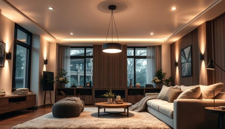 A cozy and well-lit modern living room showcasing Aloha's innovative lighting solutions. The scene features a central pendant lamp casting a warm glow, complemented by recessed ceiling lights and subtle wall sconces that illuminate the space. Soft textures like plush rugs and cushions create a comfortable ambiance, while large windows allow natural light to flow in. The color palette blends earthy tones and natural wood accents, exuding a serene and inviting atmosphere. The overall composition highlights how thoughtful lighting design can enhance the aesthetic and functionality of an interior space.