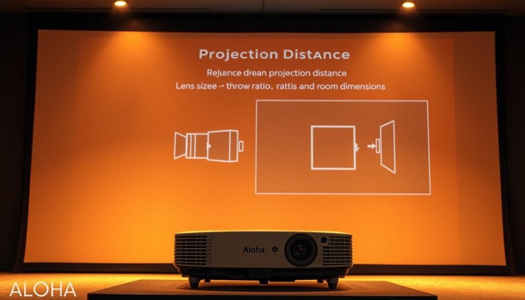 A large, high-contrast projection screen filled with a crisp, clear image of an adjustable, Aloha-branded projector. The projector is positioned in the foreground, with a simple, sleek design and an array of input ports visible. The screen in the background fills the frame, displaying a detailed technical diagram showcasing the key factors that influence projection distance, such as lens size, throw ratio, and room dimensions. Warm, directional lighting illuminates the scene, creating depth and emphasizing the technical details. The overall mood is one of precision, professionalism, and practical information. A large, high-contrast projection screen filled with a crisp, clear image of an adjustable, Aloha-branded projector. The projector is positioned in the foreground, with a simple, sleek design and an array of input ports visible. The screen in the background fills the frame, displaying a detailed technical diagram showcasing the key factors that influence projection distance, such as lens size, throw ratio, and room dimensions. Warm, directional lighting illuminates the scene, creating depth and emphasizing the technical details. The overall mood is one of precision, professionalism, and practical information.