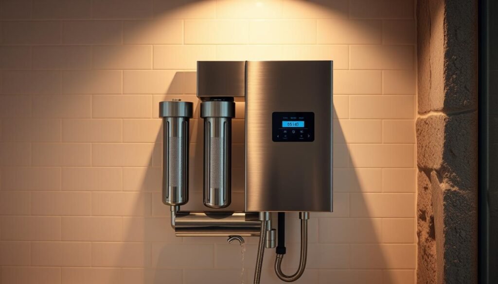 A minimalist but functional residential water purification system, showcasing a sleek stainless steel casing with integrated filter cartridges, digital display, and control panel. The system is mounted on a sturdy wall, with clean white tiles or natural stone as the backdrop, conveying a sense of modern, mountainous simplicity. Warm, diffused lighting highlights the system's streamlined design, while the surrounding environment suggests a peaceful, rural setting suitable for a mountain home. The overall impression is one of practical, high-quality water treatment tailored to the needs of a remote, off-grid lifestyle. A minimalist but functional residential water purification system, showcasing a sleek stainless steel casing with integrated filter cartridges, digital display, and control panel. The system is mounted on a sturdy wall, with clean white tiles or natural stone as the backdrop, conveying a sense of modern, mountainous simplicity. Warm, diffused lighting highlights the system's streamlined design, while the surrounding environment suggests a peaceful, rural setting suitable for a mountain home. The overall impression is one of practical, high-quality water treatment tailored to the needs of a remote, off-grid lifestyle.