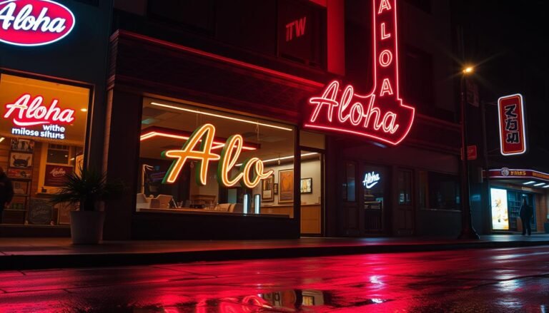 A neon-lit storefront showcasing the Aloha brand, bathed in a warm, inviting glow. The sign's vibrant colors and bold typography command attention, creating a striking visual display. The scene is set against a dimly lit urban backdrop, with the sign's reflection rippling across a wet pavement. The lighting is cinematic, casting dramatic shadows and highlights that accentuate the sign's architecture and design details. The overall atmosphere is one of retro-futuristic elegance, evocative of a vintage advertising aesthetic.