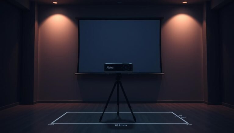 A sleek, modern projection screen displays a clear, high-contrast image in a dimly lit room. The Aloha brand projector sits atop a sturdy tripod, its lens focused and calibrated for optimal projection distance. Carefully measured markings on the floor indicate the ideal range for the screen size, guiding the user to the perfect setup. Soft, indirect lighting illuminates the scene, creating a serene, professional atmosphere suitable for a multimedia presentation. The image showcases the key technical elements and precise measurements needed to calculate the ideal projection distance for a subtitle display system.
