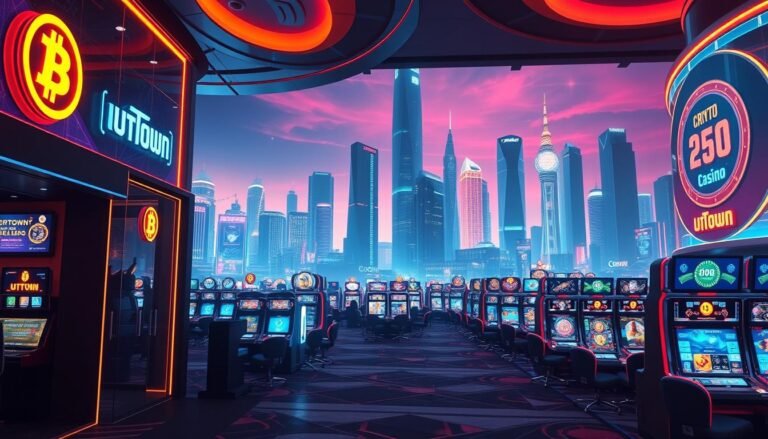 A visually stunning and immersive image of a cryptocurrency-themed casino operated by UTown. The foreground features a grand entrance with neon-lit crypto symbols and sleek digital displays showcasing the latest gaming offers. The middle ground is filled with high-tech gaming stations and interactive displays, where guests can engage in a variety of crypto-based casino games. The background depicts a futuristic cityscape, with towering skyscrapers and a vibrant, neon-drenched skyline, creating a sense of technological advancement and excitement. The lighting is dramatic, with a mix of warm, inviting tones and cool, pulsing hues, reflecting the dynamic and high-stakes nature of the crypto casino experience. The overall atmosphere is one of innovation, luxury, and the thrill of cutting-edge digital entertainment.