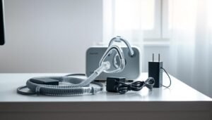 A well-designed and sleek medical device, the iCareCPAP sleep apnea machine accessory set. The equipment sits on a clean, minimalist desk, illuminated by soft, natural lighting coming in from a nearby window. The accessories, including a face mask, tubing, and a power adapter, are arranged neatly and strategically, showcasing their high-quality construction and attention to detail. The overall scene conveys a sense of efficiency, comfort, and ease of use, reflecting the key requirements for a sleep apnea treatment solution. The image should highlight the thoughtful design and functionality of the iCareCPAP accessories, making them an attractive and practical choice for users seeking effective sleep apnea management.