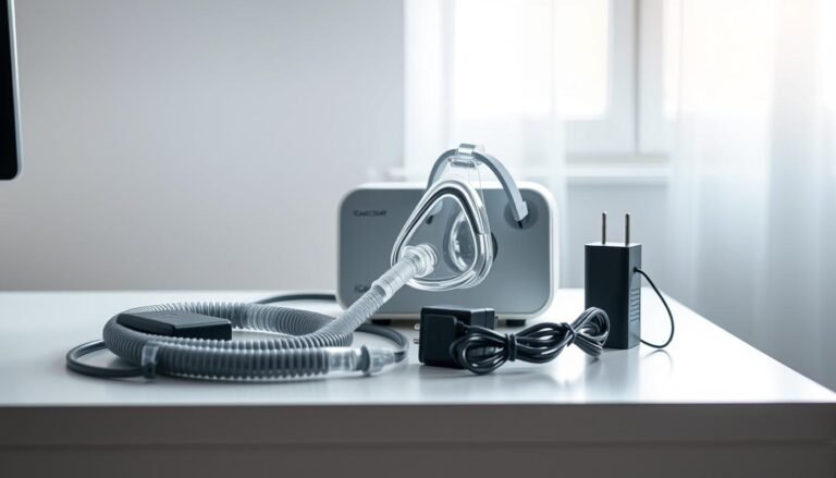 A well-designed and sleek medical device, the iCareCPAP sleep apnea machine accessory set. The equipment sits on a clean, minimalist desk, illuminated by soft, natural lighting coming in from a nearby window. The accessories, including a face mask, tubing, and a power adapter, are arranged neatly and strategically, showcasing their high-quality construction and attention to detail. The overall scene conveys a sense of efficiency, comfort, and ease of use, reflecting the key requirements for a sleep apnea treatment solution. The image should highlight the thoughtful design and functionality of the iCareCPAP accessories, making them an attractive and practical choice for users seeking effective sleep apnea management.