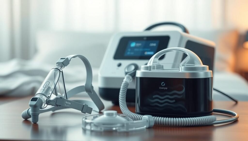 A well-designed, high-quality medical equipment setup featuring the iCareCPAP sleep apnea accessories. The foreground showcases the essential components: a CPAP mask, tubing, and a humidifier, all crafted with precision and attention to detail. The middle ground presents the CPAP machine itself, its sleek and modern design complementing the accessories. The background subtly suggests a soothing, relaxing bedroom environment, creating a sense of comfort and tranquility. Soft, diffused lighting gently illuminates the scene, highlighting the quality and functionality of the iCareCPAP system. The overall composition conveys the importance of these specialized medical accessories in providing effective sleep apnea treatment and improving the user's quality of life. A well-designed, high-quality medical equipment setup featuring the iCareCPAP sleep apnea accessories. The foreground showcases the essential components: a CPAP mask, tubing, and a humidifier, all crafted with precision and attention to detail. The middle ground presents the CPAP machine itself, its sleek and modern design complementing the accessories. The background subtly suggests a soothing, relaxing bedroom environment, creating a sense of comfort and tranquility. Soft, diffused lighting gently illuminates the scene, highlighting the quality and functionality of the iCareCPAP system. The overall composition conveys the importance of these specialized medical accessories in providing effective sleep apnea treatment and improving the user's quality of life.