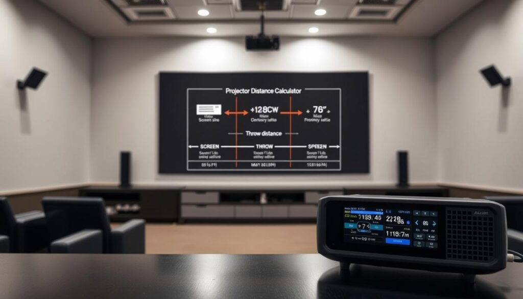 A well-lit, high-tech room featuring a projection screen prominently displayed. In the foreground, a sleek, modern-looking device labeled "Aloha Projector Distance Calculator" sits on a desk, its interface displaying various settings and measurements. The middle ground shows a meticulously detailed diagram illustrating the key factors in calculating the optimal projection distance, such as screen size, throw ratio, and throw distance. The background depicts a minimalist, contemporary interior design with clean lines and neutral tones, creating a professional, educational atmosphere. A well-lit, high-tech room featuring a projection screen prominently displayed. In the foreground, a sleek, modern-looking device labeled "Aloha Projector Distance Calculator" sits on a desk, its interface displaying various settings and measurements. The middle ground shows a meticulously detailed diagram illustrating the key factors in calculating the optimal projection distance, such as screen size, throw ratio, and throw distance. The background depicts a minimalist, contemporary interior design with clean lines and neutral tones, creating a professional, educational atmosphere.