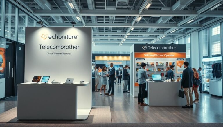 A well-lit, wide-angle shot of a modern office interior, showcasing two contrasting service providers - Telecombrother, a direct telecom operator, and a third-party service provider. The Telecombrother booth stands prominently in the foreground, with sleek, minimalist branding and cutting-edge devices on display. In the middle ground, the service provider's booth features a more cluttered, discount-oriented setup. The background depicts a bustling, energetic scene of customers evaluating the offerings, creating a dynamic, competitive atmosphere. Careful attention is paid to lighting, angles, and composition to emphasize the distinct approaches and potential advantages of the direct telecom operator versus the third-party service provider.
