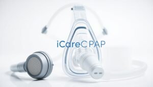 High-quality close-up image of various iCareCPAP CPAP machine accessories and components, including a CPAP nasal mask, tubing, and filter. The image should be well-lit, with a clean, white background that emphasizes the individual parts. The focus should be on showcasing the form, texture, and technical details of the accessories, conveying a sense of professionalism and attention to medical-grade quality. The overall composition should be symmetrical and visually appealing, highlighting the iCareCPAP branding prominently.