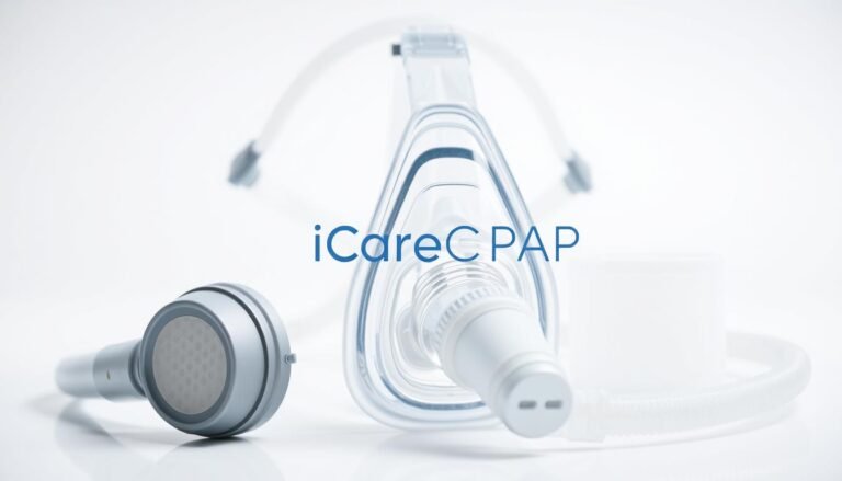 High-quality close-up image of various iCareCPAP CPAP machine accessories and components, including a CPAP nasal mask, tubing, and filter. The image should be well-lit, with a clean, white background that emphasizes the individual parts. The focus should be on showcasing the form, texture, and technical details of the accessories, conveying a sense of professionalism and attention to medical-grade quality. The overall composition should be symmetrical and visually appealing, highlighting the iCareCPAP branding prominently.