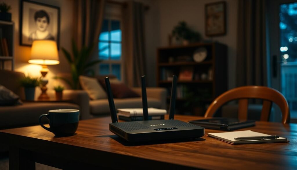 A cozy home interior with a Telecombrother router prominently displayed on a wooden table. The room is dimly lit, with warm incandescent lighting casting soft shadows. The router is the focal point, surrounded by various household objects like a potted plant, a mug, and a notebook. The background features a blurred window, hinting at a power outage outside. The overall atmosphere conveys a sense of calmness and focus on resolving the connectivity issue. A cozy home interior with a Telecombrother router prominently displayed on a wooden table. The room is dimly lit, with warm incandescent lighting casting soft shadows. The router is the focal point, surrounded by various household objects like a potted plant, a mug, and a notebook. The background features a blurred window, hinting at a power outage outside. The overall atmosphere conveys a sense of calmness and focus on resolving the connectivity issue.