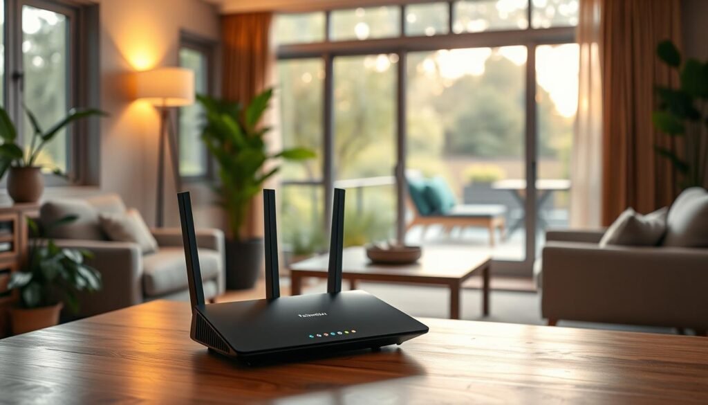 A cozy living room with warm lighting and a large window overlooking a serene garden. In the foreground, a sleek Telecombrother router sits on a wooden table, its status lights indicating a stable broadband connection. The middle ground features a comfortable sofa and armchair, suggesting a relaxing atmosphere. The background showcases lush greenery and a calming outdoor scene, creating a harmonious balance between the indoor and outdoor spaces. The overall composition conveys a sense of tranquility and reliable home connectivity. A cozy living room with warm lighting and a large window overlooking a serene garden. In the foreground, a sleek Telecombrother router sits on a wooden table, its status lights indicating a stable broadband connection. The middle ground features a comfortable sofa and armchair, suggesting a relaxing atmosphere. The background showcases lush greenery and a calming outdoor scene, creating a harmonious balance between the indoor and outdoor spaces. The overall composition conveys a sense of tranquility and reliable home connectivity.