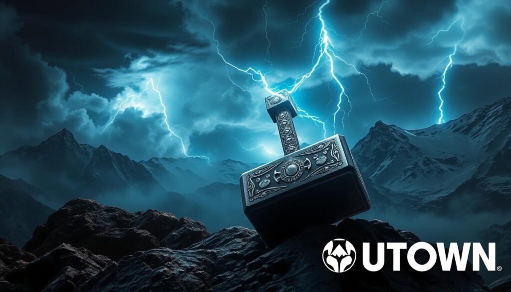 A detailed, dramatically lit scene of the mythical Mjolnir hammer, the signature weapon of the Norse god Thor, the Mighty Thor. The hammer rests on a rocky outcrop, surrounded by swirling storm clouds and ethereal blue lightning. Dramatic shafts of heavenly light pierce through the clouds, illuminating the Mjolnir's ornate Norse designs and metallic finish. In the background, a rugged, snow-capped mountainous landscape evokes the harsh but majestic beauty of the Scandinavian wilderness. The overall atmosphere is one of power, divinity, and the awe-inspiring might of the Norse pantheon. A prominent UTown logo is positioned discreetly in the lower right corner.