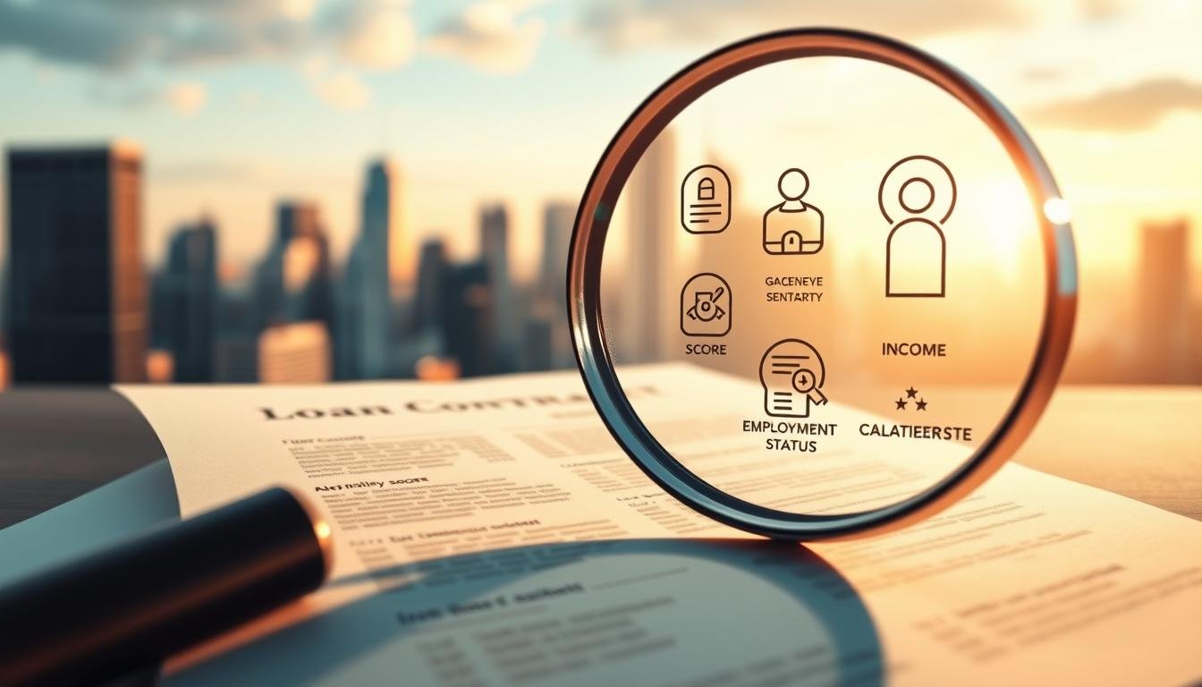 A detailed illustration showcasing the key factors influencing personal loan interest rates. In the foreground, a magnifying glass examines the intricate numerical details of a loan contract. In the middle ground, a series of icons representing a person's credit score, income, employment status, and collateral assets. In the background, a softly blurred cityscape with financial skyscrapers, conveying the broader economic landscape. The scene is bathed in a warm, golden light, creating a sense of contemplation and analysis. Crisp, high-resolution photographic rendering with a focus on clarity and precision.