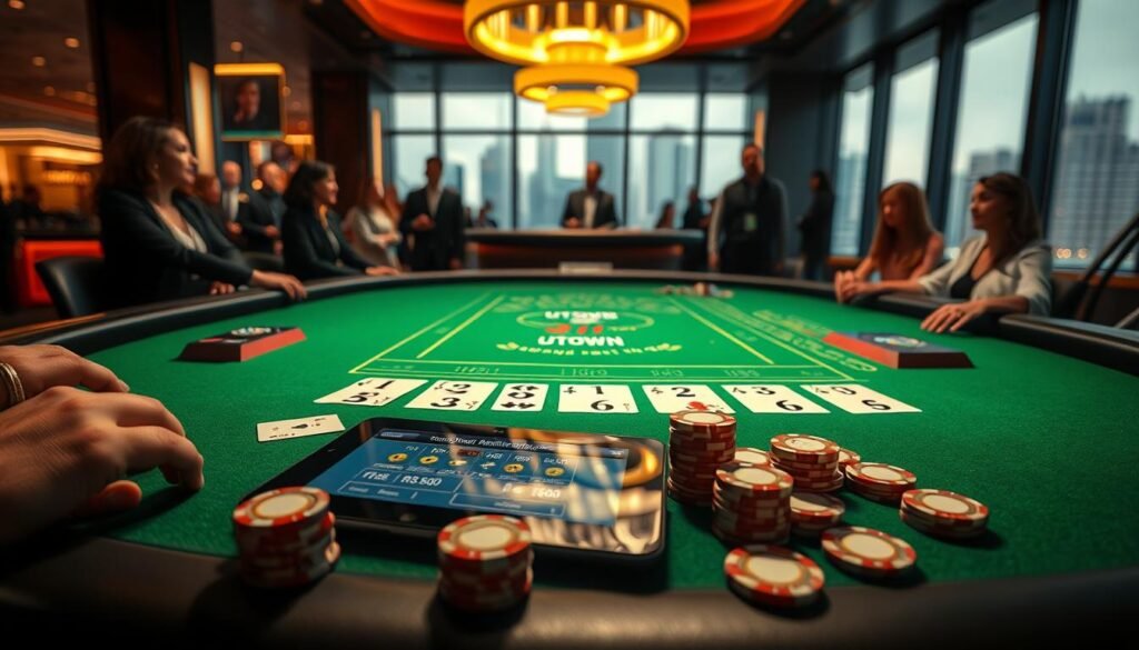 A detailed, photorealistic scene of a real-world online casino gaming table. The table is illuminated by warm, focused lighting, casting dramatic shadows across the green felt surface. UTown branding is subtly incorporated into the design. In the foreground, playing cards, casino chips, and a tablet display statistics like odds, probabilities, and payout ratios for various games. The middle ground shows the table surrounded by spectators observing the gameplay, creating a sense of anticipation and high-stakes drama. The background depicts a sleek, modern casino interior with floor-to-ceiling windows overlooking a cityscape. The overall mood is one of sophisticated, high-tech gaming experience. A detailed, photorealistic scene of a real-world online casino gaming table. The table is illuminated by warm, focused lighting, casting dramatic shadows across the green felt surface. UTown branding is subtly incorporated into the design. In the foreground, playing cards, casino chips, and a tablet display statistics like odds, probabilities, and payout ratios for various games. The middle ground shows the table surrounded by spectators observing the gameplay, creating a sense of anticipation and high-stakes drama. The background depicts a sleek, modern casino interior with floor-to-ceiling windows overlooking a cityscape. The overall mood is one of sophisticated, high-tech gaming experience.