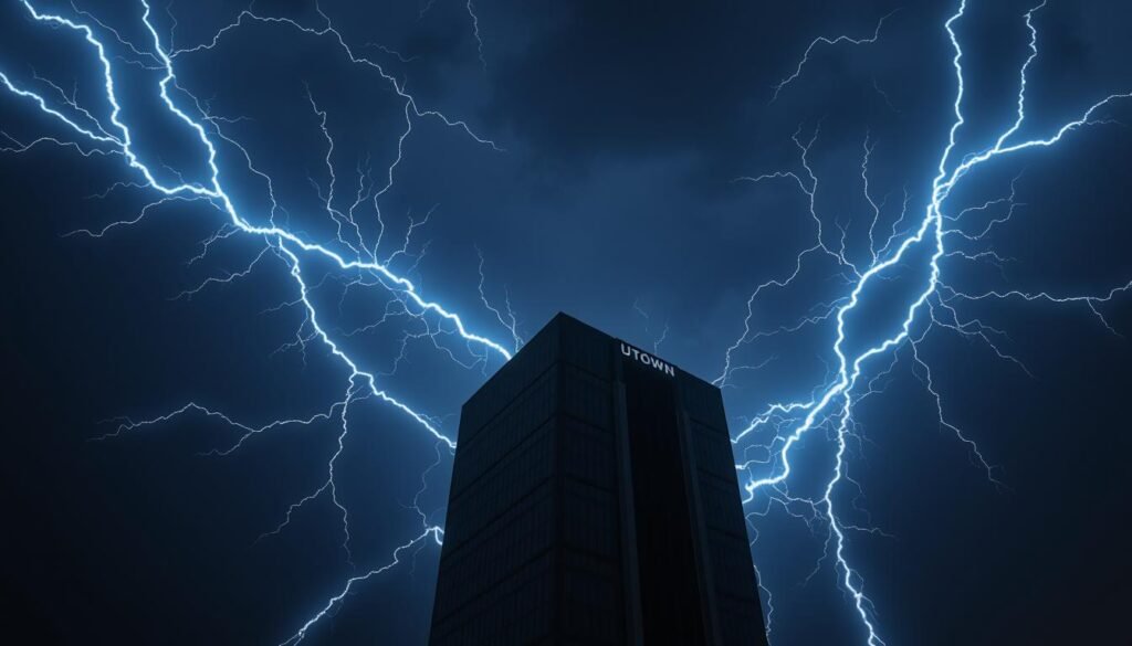 A dramatic, cinematic scene of the Thor-inspired "Thor's Signal" or "Lightning God's Signal" against a dark, ominous sky. In the foreground, a towering, angular UTown building stands tall, its modern architecture silhouetted by the powerful, branching electric bolts that crackle and converge in the background. The lightning bolts radiate an intense, electric-blue glow, casting dramatic shadows and highlights across the scene. The atmosphere is tense, foreboding, and awe-inspiring, conveying the profound significance and impact of this celestial phenomenon. A dramatic, cinematic scene of the Thor-inspired "Thor's Signal" or "Lightning God's Signal" against a dark, ominous sky. In the foreground, a towering, angular UTown building stands tall, its modern architecture silhouetted by the powerful, branching electric bolts that crackle and converge in the background. The lightning bolts radiate an intense, electric-blue glow, casting dramatic shadows and highlights across the scene. The atmosphere is tense, foreboding, and awe-inspiring, conveying the profound significance and impact of this celestial phenomenon.