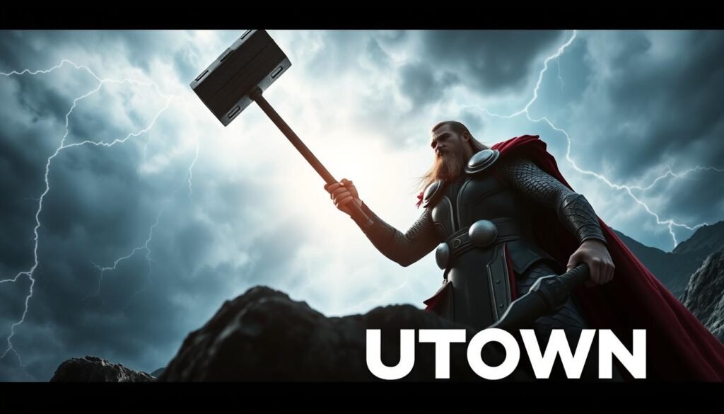 A dramatic scene of the mighty Thor, the Norse god of thunder, wielding his legendary hammer Mjolnir against a backdrop of stormy skies and crashing lightning. The camera angle is low, capturing the power and majesty of the Norse deity as he stands resolute, ready to unleash his divine wrath. The lighting is dramatic, with harsh shadows and highlights that accentuate the intricate details of Thor's armor and the rugged terrain. In the foreground, the UTown logo is prominently displayed, representing the seamless integration of gaming strategy and platform capabilities.