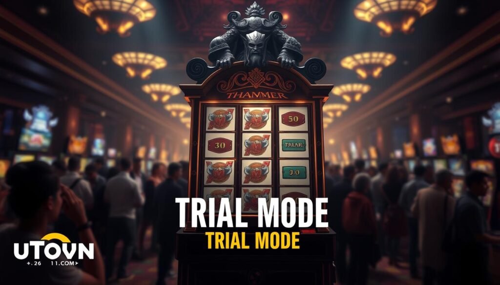A dynamic, high-contrast image showcasing the trial mode of UTown's "Thor's Hammer" slot game. Set in a dimly lit, atmospheric casino environment, the frame centers on a towering, ornately detailed slot machine in the foreground, its reels spinning with a sense of anticipation. Soft, warm lighting highlights the game's Norse-inspired design elements, such as the hammer-wielding Thor statue and intricate runes adorning the cabinet. In the background, a blurred crowd of casino patrons creates a sense of energy and immersion. The overall mood evokes a thrilling, action-packed experience, inviting the viewer to step into the trial mode and master the game's mechanics.