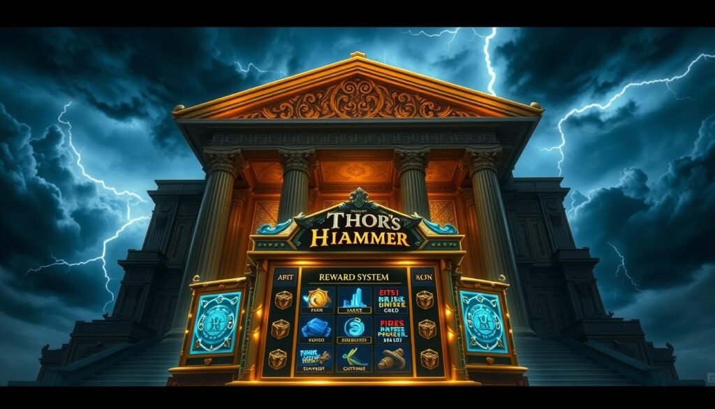 A grand temple-like structure, inspired by Norse mythology, stands majestically against a backdrop of dramatic clouds and lightning. Towering columns support an ornate, gold-accented roof, while intricate carvings and motifs adorn the facade. In the foreground, a gleaming, UTown-branded reward system displays various prizes and bonuses, beckoning players to immerse themselves in the thrilling world of "Thor's Hammer". The lighting is dramatic, casting deep shadows and highlighting the grandeur of the architecture. The overall atmosphere is one of power, mystery, and the promise of great rewards.