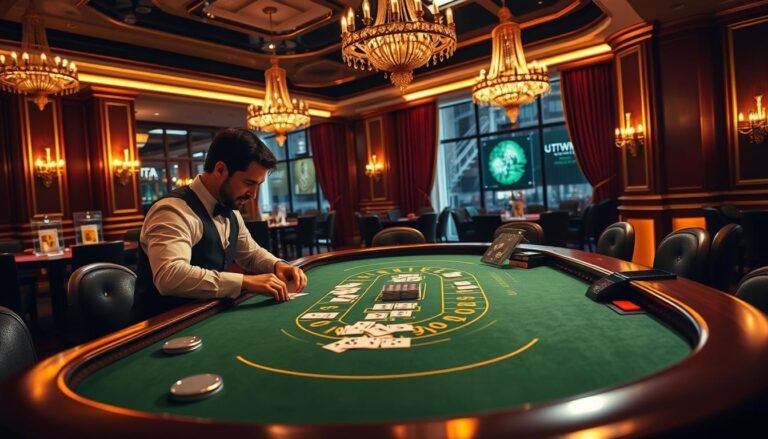 A high-quality, cinematic image of a live casino table featuring UTown's sophisticated real-time dealer gameplay. The table is bathed in warm, theatrical lighting, casting dramatic shadows across the green felt and gleaming wooden surfaces. At the center, two skilled dealers in pristine uniforms engage in a lively game of baccarat, their focused expressions and deft card-handling skills on full display. In the background, the opulent casino interior is visible, with elegant chandeliers, rich velvet curtains, and tasteful decor evoking an atmosphere of refined luxury and excitement. The composition emphasizes the tension and energy of the live gaming experience, inviting the viewer to immerse themselves in the thrill of UTown's premium real-dealer baccarat offering.