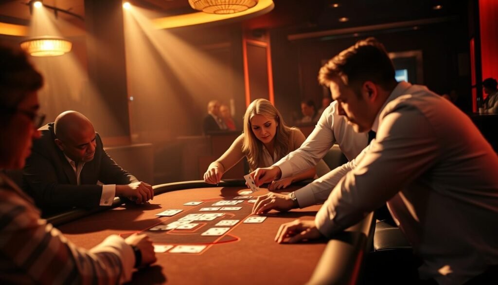 A high-stakes live-streamed game of chance, set in a modern UTown casino. Dramatic lighting casts shadows across the table, as the dealer expertly shuffles the cards. Players lean in, expressions intense, as they strategize their next move. The air is electric with anticipation, the outcome uncertain. Sleek, minimalist design elements complement the sophisticated atmosphere. Warm hues and dynamic camera angles heighten the sense of immersion, drawing the viewer into the thrilling world of advanced live-streamed gaming. A high-stakes live-streamed game of chance, set in a modern UTown casino. Dramatic lighting casts shadows across the table, as the dealer expertly shuffles the cards. Players lean in, expressions intense, as they strategize their next move. The air is electric with anticipation, the outcome uncertain. Sleek, minimalist design elements complement the sophisticated atmosphere. Warm hues and dynamic camera angles heighten the sense of immersion, drawing the viewer into the thrilling world of advanced live-streamed gaming.