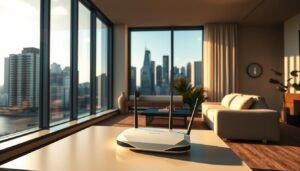 A modern home interior with a large window overlooking a cityscape, showcasing a Telecombrother router on a sleek, minimalist table. The room is bathed in warm, natural light, casting soft shadows and highlighting the router's clean, angular design. The image conveys a sense of connectivity and technological integration within a cozy, comfortable living space. The router is the focal point, representing the importance of reliable home broadband in the event of a power outage, when it should automatically reconnect without interruption.