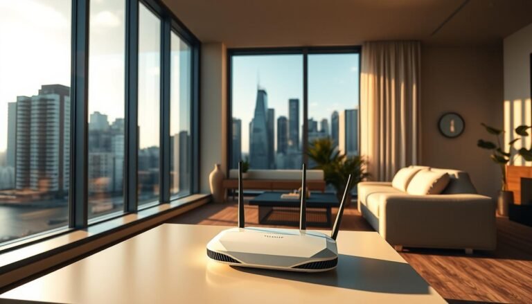 A modern home interior with a large window overlooking a cityscape, showcasing a Telecombrother router on a sleek, minimalist table. The room is bathed in warm, natural light, casting soft shadows and highlighting the router's clean, angular design. The image conveys a sense of connectivity and technological integration within a cozy, comfortable living space. The router is the focal point, representing the importance of reliable home broadband in the event of a power outage, when it should automatically reconnect without interruption.