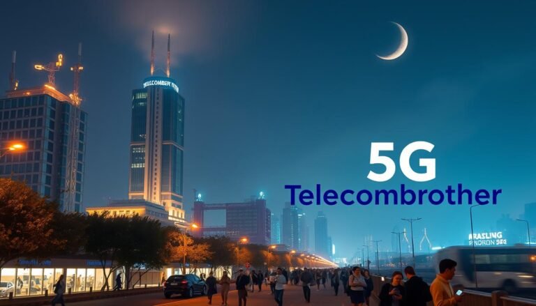 A peaceful cityscape at night, with the Telecombrother 5G Plan logo prominently displayed in the foreground. The scene features a modern, high-rise building bathed in a soft, warm glow, surrounded by a network of glowing 5G antennas and towers. The middle ground showcases a bustling city street, with people casually strolling and going about their business, their smartphones glowing in their hands as they connect to the lightning-fast 5G network. The background is a hazy, atmospheric skyline, with twinkling stars and a crescent moon adding to the serene, futuristic ambiance. The overall image conveys a sense of technological advancement, connectivity, and the seamless integration of 5G technology into everyday urban life.