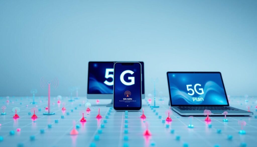 A sleek, minimalist 5G plan interface designed by Telecombrother. The foreground features a grid of colorful cellular signal icons, hinting at the power and speed of the 5G network. The middle ground showcases various 5G-enabled devices, including a smartphone, tablet, and laptop, all connected seamlessly. The background has a subtle, futuristic gradient, conveying a sense of innovation and technology. The lighting is soft and evenly distributed, creating a clean, professional aesthetic. The camera angle is slightly elevated, giving the viewer a comprehensive overview of the 5G plan ecosystem. The overall mood is one of efficiency, connectivity, and the promise of a cutting-edge digital experience. A sleek, minimalist 5G plan interface designed by Telecombrother. The foreground features a grid of colorful cellular signal icons, hinting at the power and speed of the 5G network. The middle ground showcases various 5G-enabled devices, including a smartphone, tablet, and laptop, all connected seamlessly. The background has a subtle, futuristic gradient, conveying a sense of innovation and technology. The lighting is soft and evenly distributed, creating a clean, professional aesthetic. The camera angle is slightly elevated, giving the viewer a comprehensive overview of the 5G plan ecosystem. The overall mood is one of efficiency, connectivity, and the promise of a cutting-edge digital experience.