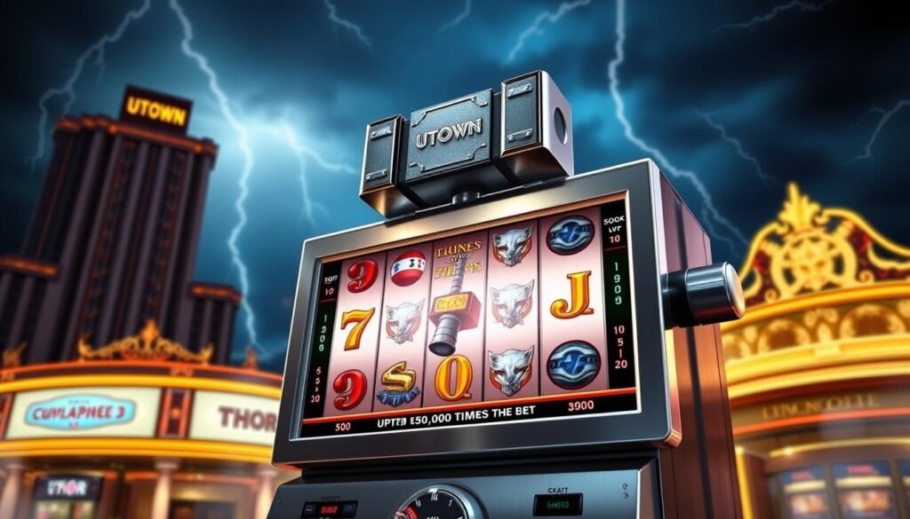 A striking and dynamic UTown-branded slot machine emblazoned with the mighty hammer of Thor, set against a dramatic backdrop of lightning-streaked skies and a towering casino facade. The reels spin with a sense of power and anticipation, hinting at the enormous jackpot of up to 51,000 times the bet that awaits the lucky player. The machine's metallic body gleams under focused lighting, its design a harmonious blend of Norse mythology and modern gaming technology. An aura of excitement and potential fortune permeates the scene, drawing the viewer into the thrilling world of high-stakes casino gaming.