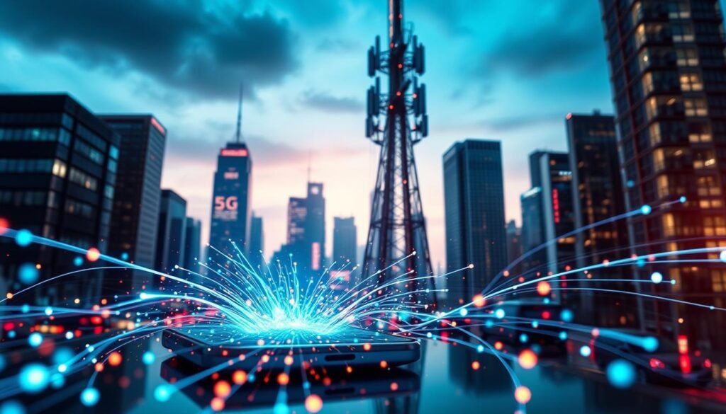 Telecombrother 5G network speed: A vibrant, high-tech scene showcasing the blazing fast connectivity of a 5G network. In the foreground, a smartphone displays lightning-fast download and upload speeds, surrounded by a dynamic array of glowing data streams and digital particles. The middle ground features a sleek, futuristic 5G cell tower, emitting a captivating aura of technological prowess. The background is a cityscape with towering skyscrapers, conveying a sense of urban progress and innovation. The lighting is sharp and crisp, casting dramatic shadows and highlights to accentuate the technological elements. The overall mood is one of cutting-edge technology, power, and seamless digital experience. Telecombrother 5G network speed: A vibrant, high-tech scene showcasing the blazing fast connectivity of a 5G network. In the foreground, a smartphone displays lightning-fast download and upload speeds, surrounded by a dynamic array of glowing data streams and digital particles. The middle ground features a sleek, futuristic 5G cell tower, emitting a captivating aura of technological prowess. The background is a cityscape with towering skyscrapers, conveying a sense of urban progress and innovation. The lighting is sharp and crisp, casting dramatic shadows and highlights to accentuate the technological elements. The overall mood is one of cutting-edge technology, power, and seamless digital experience.