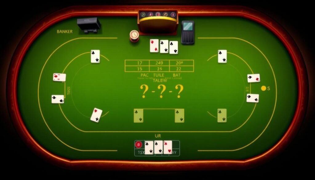 A detailed illustration of the Baccarat gaming table, showcasing the layout and key elements. A warm, ambient lighting illuminates the green felt surface, highlighting the strategic areas and betting zones. The table is captured from an overhead perspective, providing a comprehensive view of the dealer's station, player and banker betting spots, and the card dealing area. The image conveys the analytical and informative nature of the "Baccarat Rules" section, serving as a visual aid to understand the game's mechanics and gameplay.