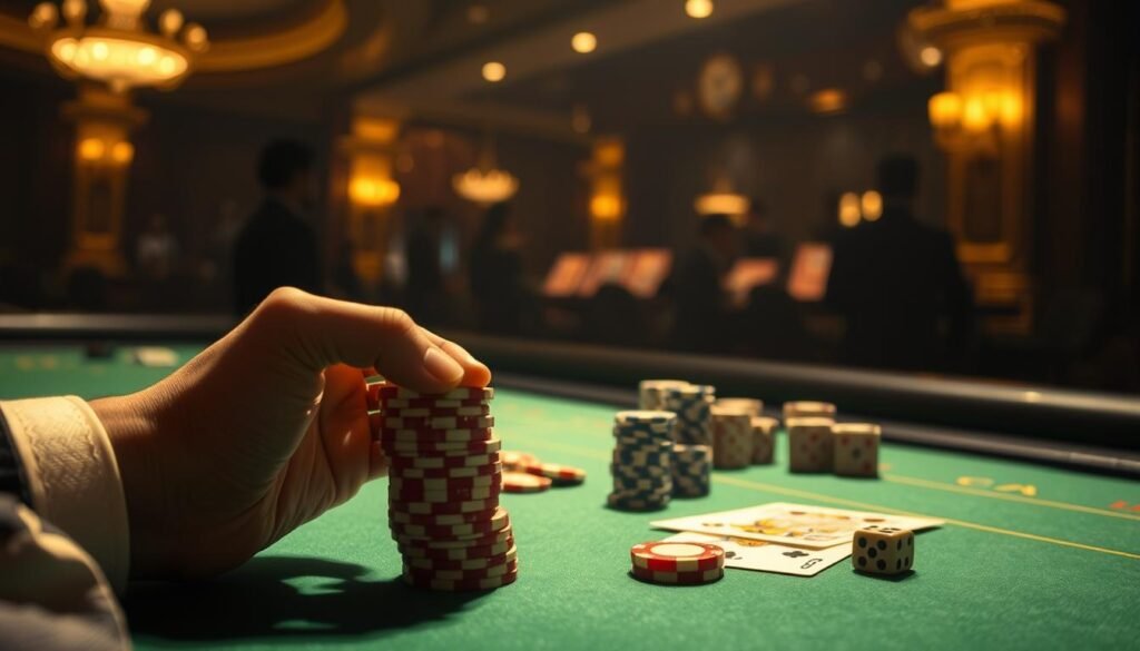A dimly lit casino table, the green felt surface illuminated by the warm glow of subtle overhead lighting. On the table, poker chips in various denominations are neatly arranged, alongside a pair of playing cards and a pair of dice. In the foreground, a hand delicately holds a stack of chips, ready to make a strategic bet. The background is hazy, with the silhouettes of other players and the casino's ornate decor visible in the distance, creating a sense of atmosphere and anticipation. The overall mood is one of contemplation and focus, as the player applies their knowledge of baccarat rules and strategy to navigate the table.