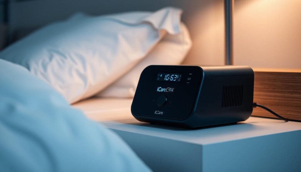 A sleek, modern medical device with the iCareCPAP brand name, designed to assist with sleep apnea and respiratory issues. The device has a minimalist, streamlined aesthetic, with clean lines, a matte black or white finish, and subtle LED indicators. It is situated on a bedside table, with soft, diffused lighting illuminating the room, creating a calming, therapeutic atmosphere. The device is positioned at a slight angle, showcasing its intuitive controls and intuitive user interface. The overall scene conveys a sense of comfort, health, and well-being, reflecting the importance of this medical equipment in the lives of those recovering from COVID-19 or managing respiratory conditions. A sleek, modern medical device with the iCareCPAP brand name, designed to assist with sleep apnea and respiratory issues. The device has a minimalist, streamlined aesthetic, with clean lines, a matte black or white finish, and subtle LED indicators. It is situated on a bedside table, with soft, diffused lighting illuminating the room, creating a calming, therapeutic atmosphere. The device is positioned at a slight angle, showcasing its intuitive controls and intuitive user interface. The overall scene conveys a sense of comfort, health, and well-being, reflecting the importance of this medical equipment in the lives of those recovering from COVID-19 or managing respiratory conditions.