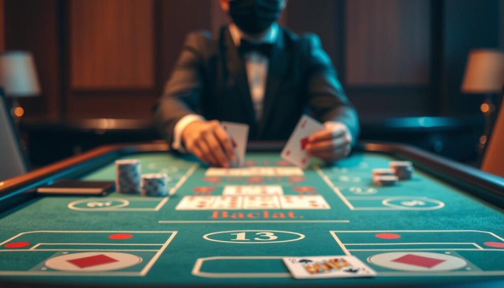 A visually striking tabletop scene depicting the fundamental rules of Baccarat. In the foreground, a green felt Baccarat table with a clear layout of the betting areas, player and banker hands. Subtle backlighting casts a warm glow, highlighting the iconic Baccarat cards and chips. In the middle ground, a dealer's hands dealing the cards with precision, their face obscured to convey the impartial nature of the game. The background is softly blurred, creating depth and focus on the central gameplay. The overall atmosphere is one of elegance, sophistication and the timeless allure of this classic casino game.