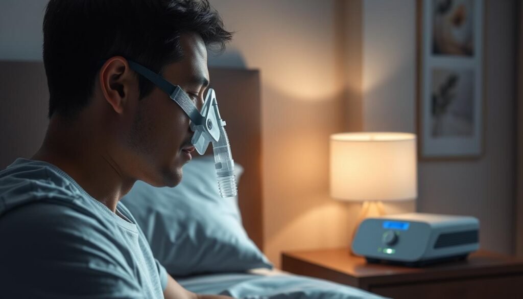 A well-lit, detailed illustration of a person using a modern iCareCPAP sleep apnea machine. The foreground shows the user's face in profile, with the CPAP mask securely fitted and the device on a nightstand beside the bed. The middle ground features the bedroom setting, with subtle shadows and soft lighting. The background depicts a soothing, calming interior with neutral colors and minimal decor, conveying a sense of relaxation and comfort. The image should emphasize the proper usage and integration of the iCareCPAP device into a restful, sleep-conducive environment. A well-lit, detailed illustration of a person using a modern iCareCPAP sleep apnea machine. The foreground shows the user's face in profile, with the CPAP mask securely fitted and the device on a nightstand beside the bed. The middle ground features the bedroom setting, with subtle shadows and soft lighting. The background depicts a soothing, calming interior with neutral colors and minimal decor, conveying a sense of relaxation and comfort. The image should emphasize the proper usage and integration of the iCareCPAP device into a restful, sleep-conducive environment.