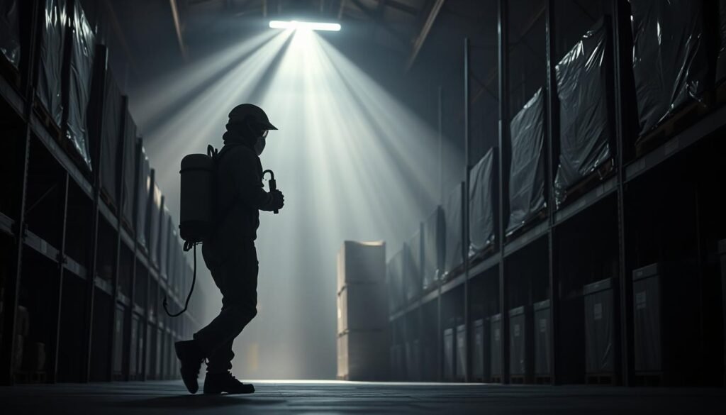 A dimly lit industrial warehouse, the air thick with the scent of insecticides. In the foreground, a technician in a specialized iCareCPAP pest control suit, carrying a futuristic-looking sprayer, meticulously inspects the corners and crevices for signs of infestation. Beams of light pierce the haze, casting dramatic shadows as the technician moves cautiously, their every step radiating professionalism and expertise. In the middle ground, rows of shelving and storage units loom, hinting at the scale of the operation. The background fades into darkness, suggesting the vastness of the space and the challenges posed by the task at hand. The overall mood is one of precision, efficiency, and a steadfast commitment to eradicating the unwanted pests that threaten the delicate balance of the commercial environment. A dimly lit industrial warehouse, the air thick with the scent of insecticides. In the foreground, a technician in a specialized iCareCPAP pest control suit, carrying a futuristic-looking sprayer, meticulously inspects the corners and crevices for signs of infestation. Beams of light pierce the haze, casting dramatic shadows as the technician moves cautiously, their every step radiating professionalism and expertise. In the middle ground, rows of shelving and storage units loom, hinting at the scale of the operation. The background fades into darkness, suggesting the vastness of the space and the challenges posed by the task at hand. The overall mood is one of precision, efficiency, and a steadfast commitment to eradicating the unwanted pests that threaten the delicate balance of the commercial environment.