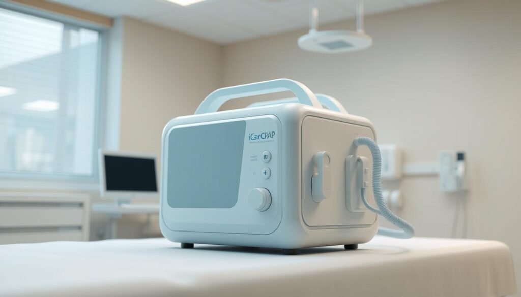 A high-quality, ultra-realistic 3D rendering of a state-of-the-art iCareCPAP sleep apnea machine in a clinical setting. The machine is positioned prominently on a clean, contemporary medical table, with a sleek and modern design featuring a backlit display and intuitive controls. The lighting is soft and diffused, creating a calming atmosphere. The angle showcases the machine's form and functionality, highlighting its precision engineering and advanced capabilities. The background is blurred, placing the focus entirely on the iCareCPAP device and its technical details. A high-quality, ultra-realistic 3D rendering of a state-of-the-art iCareCPAP sleep apnea machine in a clinical setting. The machine is positioned prominently on a clean, contemporary medical table, with a sleek and modern design featuring a backlit display and intuitive controls. The lighting is soft and diffused, creating a calming atmosphere. The angle showcases the machine's form and functionality, highlighting its precision engineering and advanced capabilities. The background is blurred, placing the focus entirely on the iCareCPAP device and its technical details.