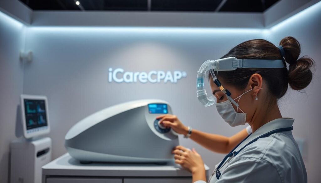 A modern, well-equipped iCareCPAP sleep apnea clinic, featuring a sleek and minimal interior design with clean lines and subtle lighting. A large, prominent display showcases the iCareCPAP sleep apnea machine, its smooth curves and high-tech aesthetic capturing the attention. In the foreground, a professional medical staff member is carefully adjusting the settings, ensuring a personalized and tailored treatment experience. The overall atmosphere is one of expertise, care, and cutting-edge technology, creating a sense of trust and comfort for the patient. A modern, well-equipped iCareCPAP sleep apnea clinic, featuring a sleek and minimal interior design with clean lines and subtle lighting. A large, prominent display showcases the iCareCPAP sleep apnea machine, its smooth curves and high-tech aesthetic capturing the attention. In the foreground, a professional medical staff member is carefully adjusting the settings, ensuring a personalized and tailored treatment experience. The overall atmosphere is one of expertise, care, and cutting-edge technology, creating a sense of trust and comfort for the patient.