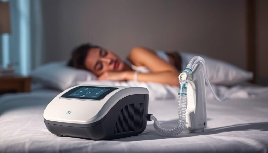 A high-quality medical-grade iCareCPAP sleep apnea machine sits prominently in the foreground, its sleek and modern design exuding a sense of sophistication and reliability. The device is illuminated by soft, diffused lighting, casting gentle shadows that add depth and dimension to the scene. In the middle ground, a peaceful sleeping figure rests comfortably, the machine's interface and tubing seamlessly integrated, creating a harmonious and therapeutic atmosphere. The background is subtly blurred, focusing the viewer's attention on the essential elements of the sleep apnea treatment solution. The overall mood is one of tranquility, confidence, and the assurance of a good night's sleep for the patient. A high-quality medical-grade iCareCPAP sleep apnea machine sits prominently in the foreground, its sleek and modern design exuding a sense of sophistication and reliability. The device is illuminated by soft, diffused lighting, casting gentle shadows that add depth and dimension to the scene. In the middle ground, a peaceful sleeping figure rests comfortably, the machine's interface and tubing seamlessly integrated, creating a harmonious and therapeutic atmosphere. The background is subtly blurred, focusing the viewer's attention on the essential elements of the sleep apnea treatment solution. The overall mood is one of tranquility, confidence, and the assurance of a good night's sleep for the patient.
