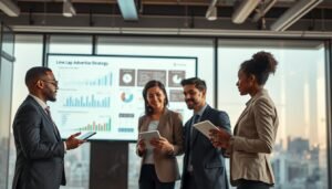 A dynamic scene illustrating the concept of "Line Lap" and "Lap Advertising Strategy" in a modern business environment. In the foreground, a diverse group of three professionals in stylish business attire are engaged in a brainstorming session, surrounded by digital tablets and notebooks, showcasing a vibrant discussion atmosphere. The middle ground features a large screen displaying data-driven graphs, charts, and advertising metrics, highlighting the importance of user journey analysis. In the background, a softly lit office space with large windows reveals a cityscape, suggesting innovation and growth. The lighting is warm and inviting, with a focus on the professionals’ faces to convey engagement and collaboration. The overall mood is forward-thinking and energetic, reflecting the significance of well-planned advertising strategies.