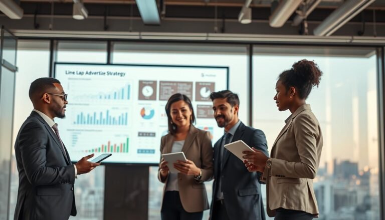 A dynamic scene illustrating the concept of "Line Lap" and "Lap Advertising Strategy" in a modern business environment. In the foreground, a diverse group of three professionals in stylish business attire are engaged in a brainstorming session, surrounded by digital tablets and notebooks, showcasing a vibrant discussion atmosphere. The middle ground features a large screen displaying data-driven graphs, charts, and advertising metrics, highlighting the importance of user journey analysis. In the background, a softly lit office space with large windows reveals a cityscape, suggesting innovation and growth. The lighting is warm and inviting, with a focus on the professionals’ faces to convey engagement and collaboration. The overall mood is forward-thinking and energetic, reflecting the significance of well-planned advertising strategies.