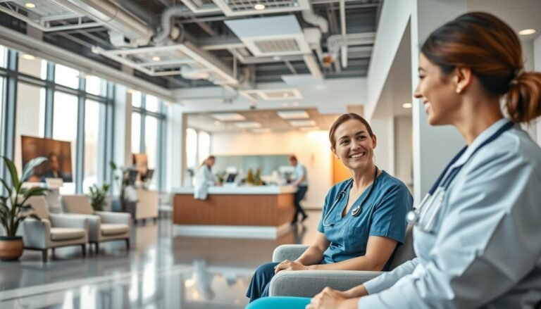 A modern day medical center interior designed to reflect an efficient service model. In the foreground, a nurse in professional attire interacts kindly with a patient, seated in a comfortable waiting area filled with soothing decor. In the middle ground, a reception desk is visible with staff efficiently managing patient check-ins, embodying a welcoming atmosphere. The background showcases spacious treatment rooms with advanced medical equipment, ensuring a sense of professionalism and care. Soft, natural lighting filters through large windows, casting a warm glow, promoting a feeling of trust and reassurance. The setting emphasizes the balance of patient comfort and operational efficiency, capturing the essence of a daytime medical service.