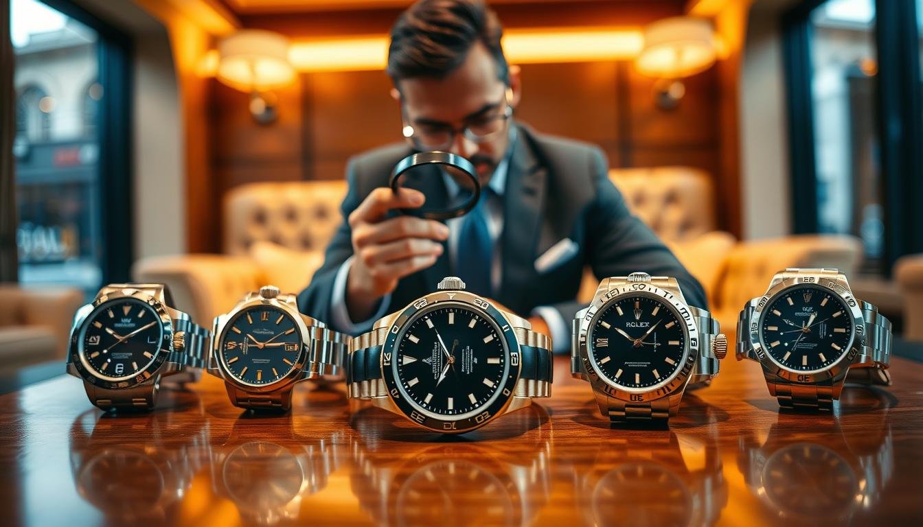 A close-up view of an elegant Rolex watch collection displayed on a polished wooden table in a luxurious club setting. The foreground features several exquisite Rolex timepieces with different dials and strap styles, showcasing their intricate details and craftsmanship. In the middle, a knowledgeable collector in a smart business suit examines a watch with a magnifying glass, capturing the essence of professional advice. The background is softly blurred, revealing plush seating and warm ambient lighting, creating a sophisticated atmosphere. The image is softly lit with natural light filtering through large windows, enhancing the watch's shine. Focus on clarity and fine textures, with a slight bokeh effect to emphasize the subject.