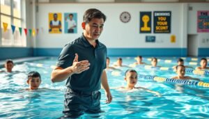 A professional swimming instructor demonstrates correct swimming techniques to a group of eager students in a bright indoor swimming facility. In the foreground, the instructor, a middle-aged Asian man wearing a smart polo shirt and swim shorts, gestures with confidence while observing a student. The students, diverse in age and ethnicity, are diligently practicing various strokes, showcasing a range of focused expressions. Sunlight filters through large windows, creating a warm, inviting atmosphere that highlights the shimmering water. In the background, colorful swimming lane markers and motivational posters adorn the walls, emphasizing the importance of professional guidance. The scene captures the dedication and supportive environment of a professional swimming class, illustrating the benefits of expert instruction in refining swimming techniques.